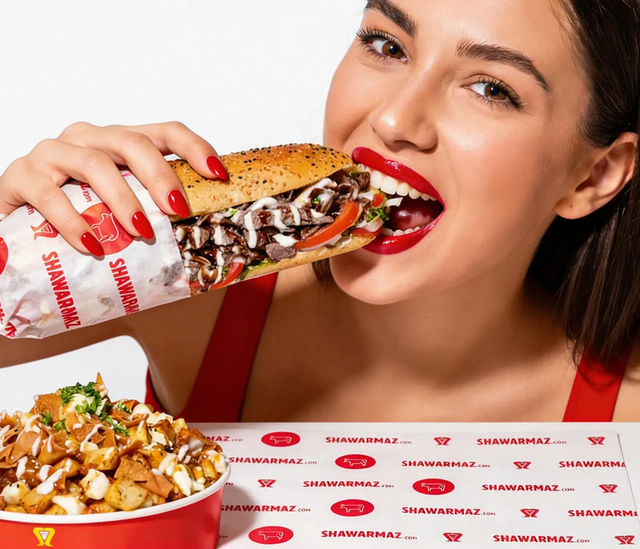 Woman enjoying Shawarmaz food