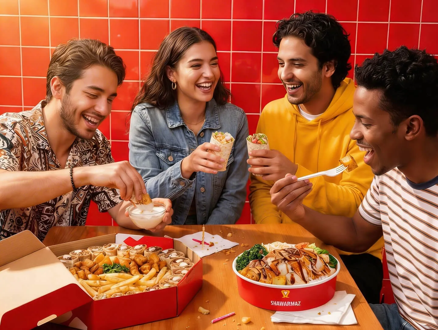 Friends enjoying Shawarmaz catering